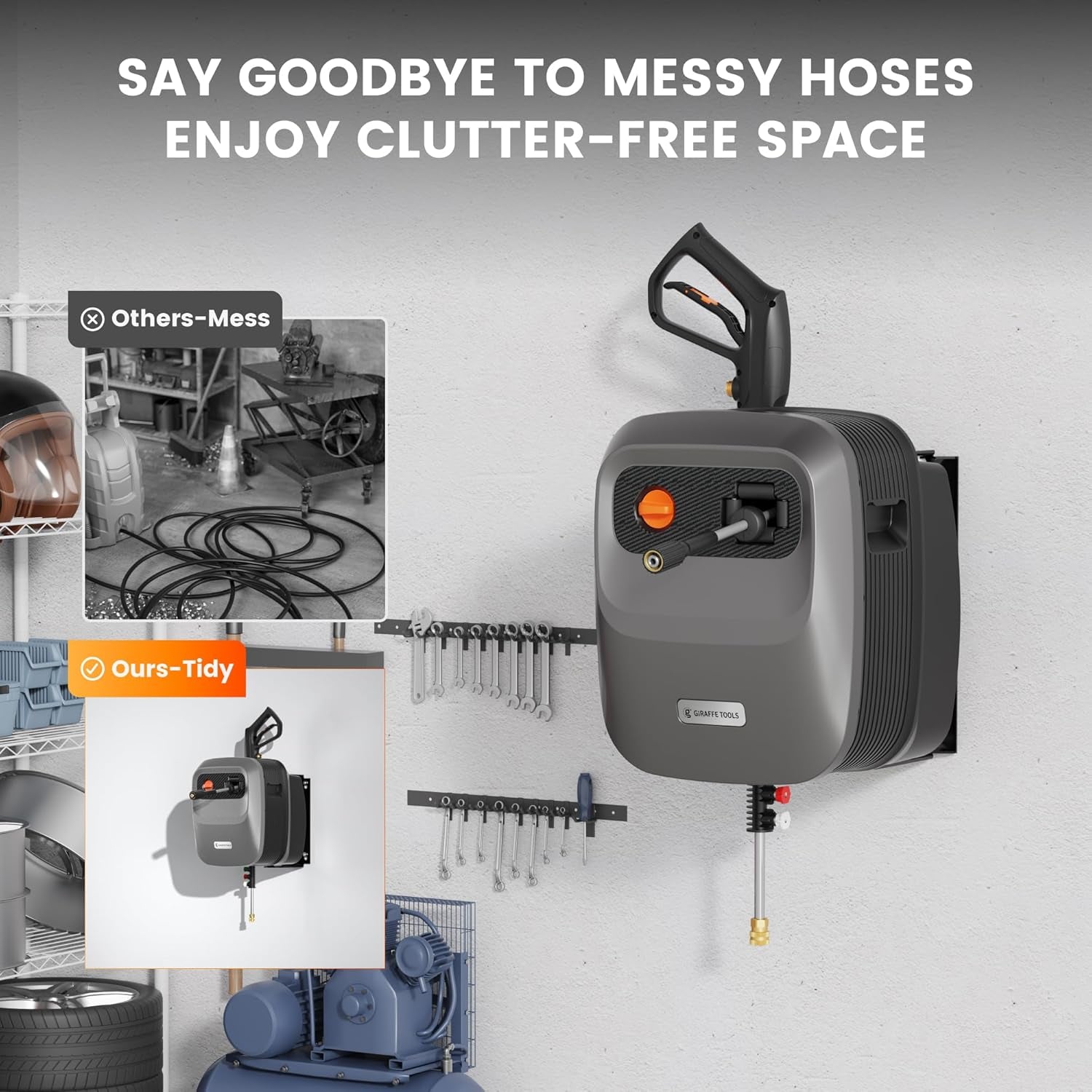 Grandfalls Pressure Washer G20 Pro, 2500 PSI 2.2 GPM, 180° Wall Mounted Power Washer, Auto-Retract with 65FT Hose Reel, 5 Nozzles for Floor/Cars/Fences/Patios, Dark Silver