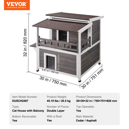Outdoor Cat House Weatherproof Feral Cat Shelter 2-Story Large Outdoor Wooden Cat House with Balcony Door and Open Roof