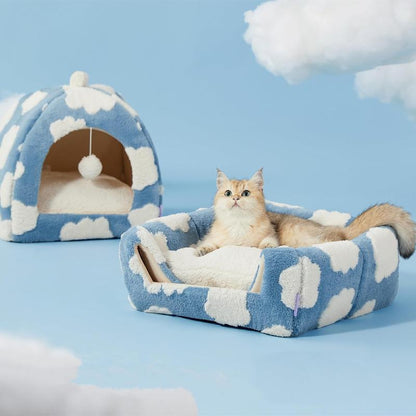 LESURE Cute Cat Beds for Indoor Cats - 2 in 1 Cat Cave Bed with Removable Washable Cushioned Pillow, Cozy Cat Tent House Design Pet Supplies Portable Blanket