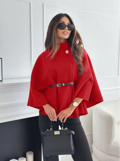 Women’s Stand Collar Batwing Sleeve Cloak Jacket with Belt