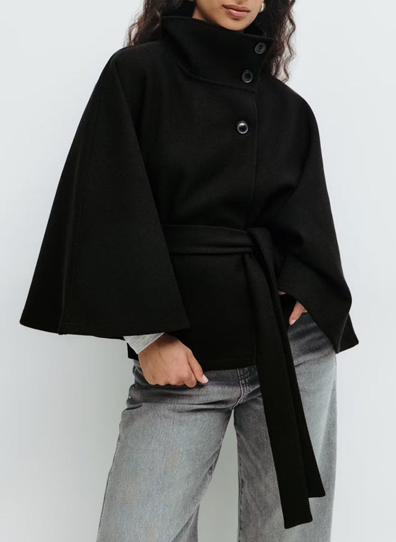 Winter High Neck Batwing Sleeve Coat with Belt for Women