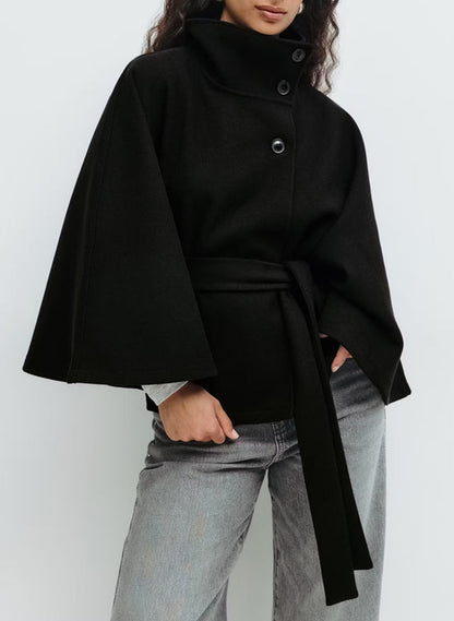 Winter High Neck Batwing Sleeve Coat with Belt for Women