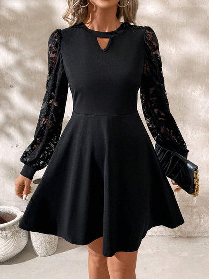 Black Round Neck Lace Stitching Long Sleeve Slim Flared Hem Dress