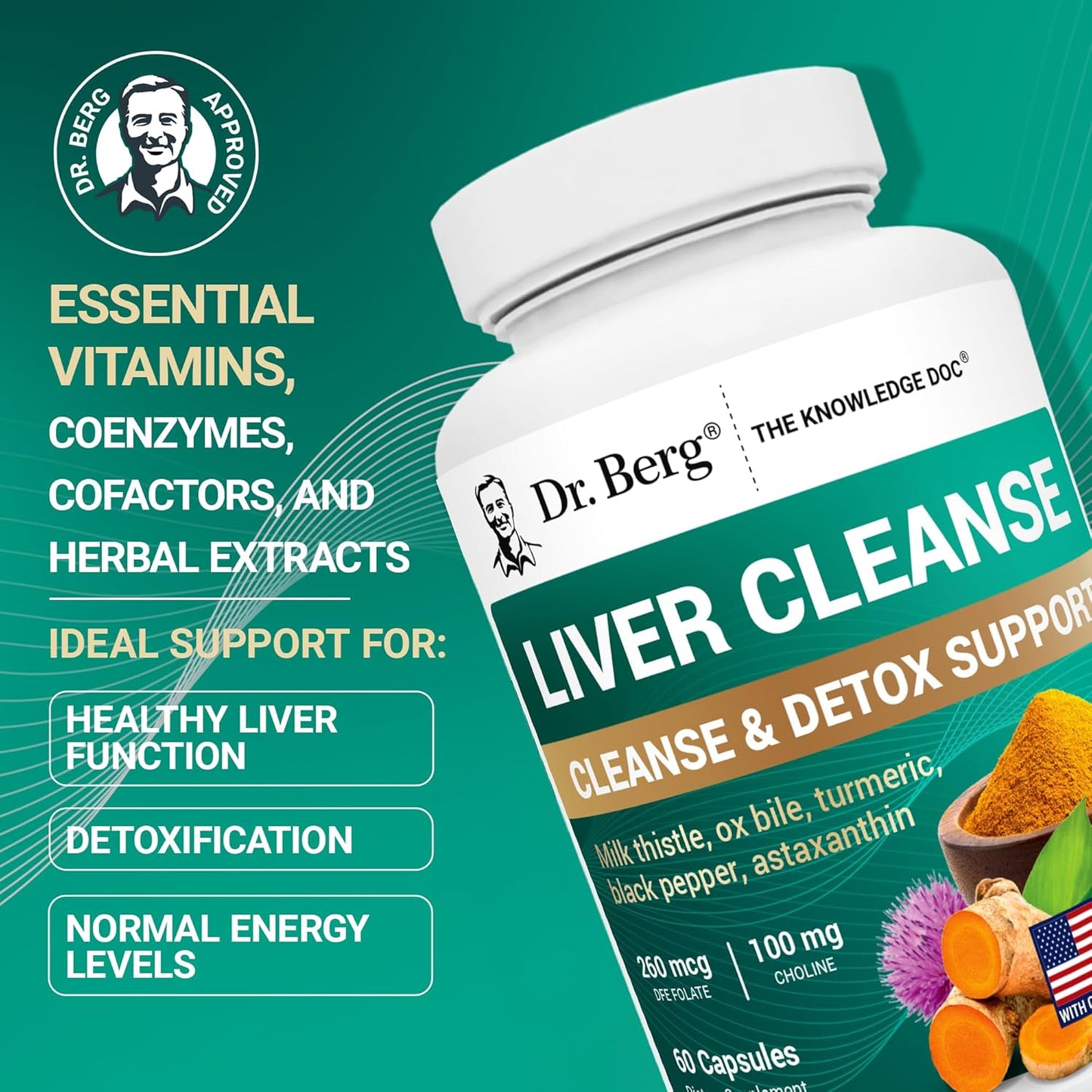 Dr. Berg Liver Cleanse Detox Capsules W/Unique Blend of Milk Thistle, Ox Bile & Folate - Liver Supplement Includes Turmeric, Black Pepper & Choline - 60 Capsules