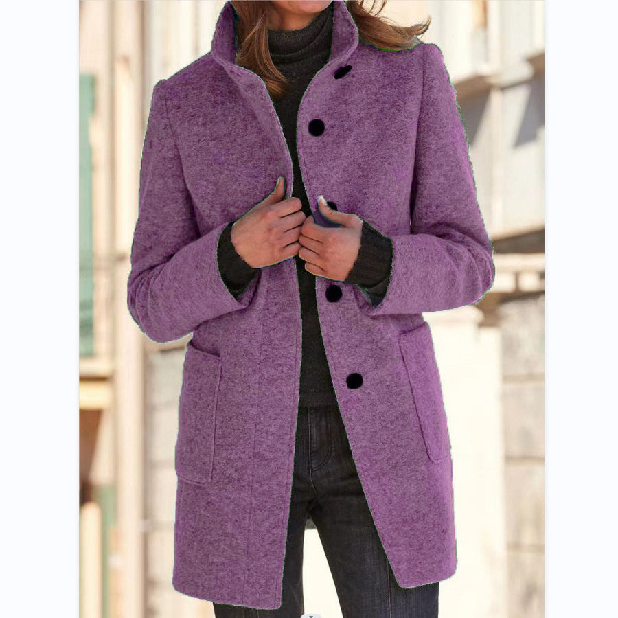 Fashion Stand Collar Woolen Coat With Pockets Fall Winter