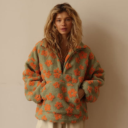 Winter Lambskin Sweatshirt with Pocket, Zip-Up Casual Pullover