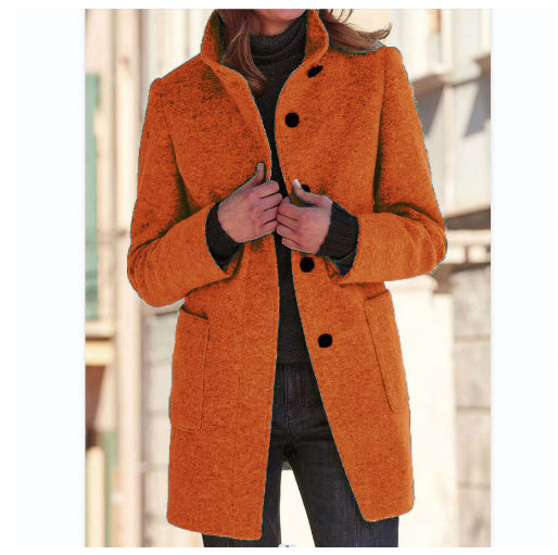 Fashion Stand Collar Woolen Coat With Pockets Fall Winter