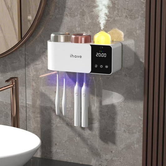 Ihave Toothbrush Holders with UV Toothbrush Sanitizer & Aromatherapy Diffuser - Turbo Air Heated Drying, Night Light & Clock - Wall-Mounted Bathroom Organizer , Stylish Decor & Storage