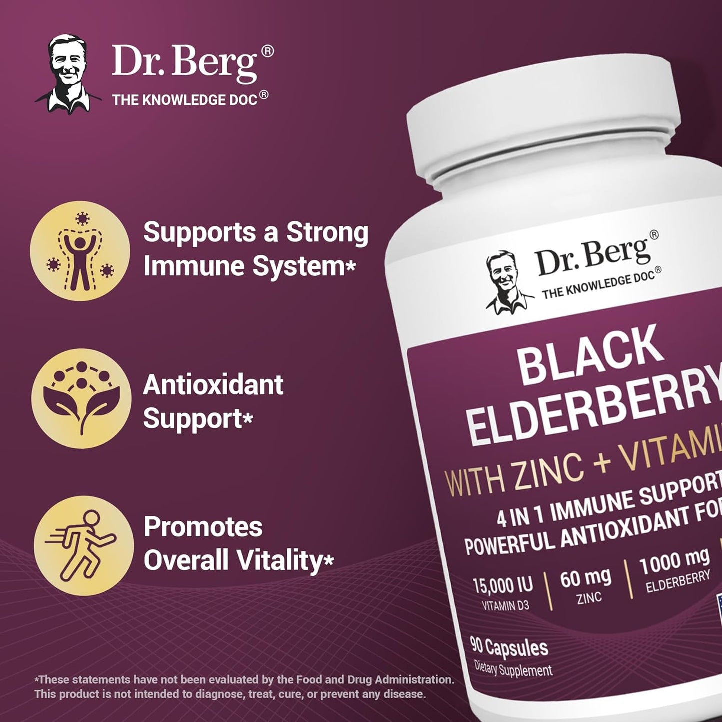 Dr. Berg Black Elderberry Capsules (Advanced Immune Support*) with 15,000 IU Vitamin D, 60 Mg of Zinc, & 90 Mg of Camu Camu - (4-In-1) Sambucus Elderberry Immune Support Supplement - 90 Capsules