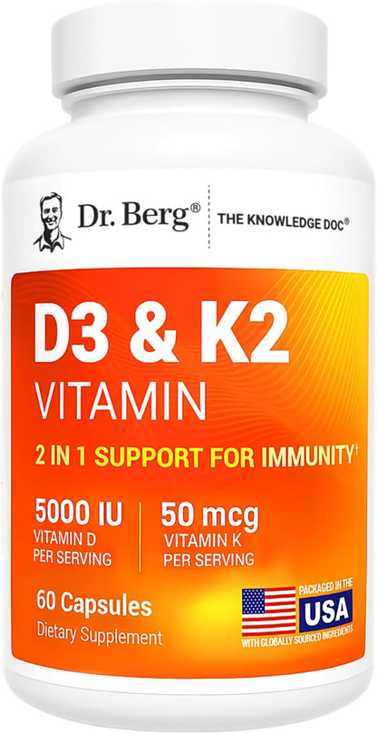Dr. Berg Maximum Strength 7-In-1 Vitamin D3 K2 5000 IU | Naturally Derived D3 | 4X Lab-Tested & Verified | High Absorption Formula | K2 D3 Vitamin Supplement - 60 Capsules