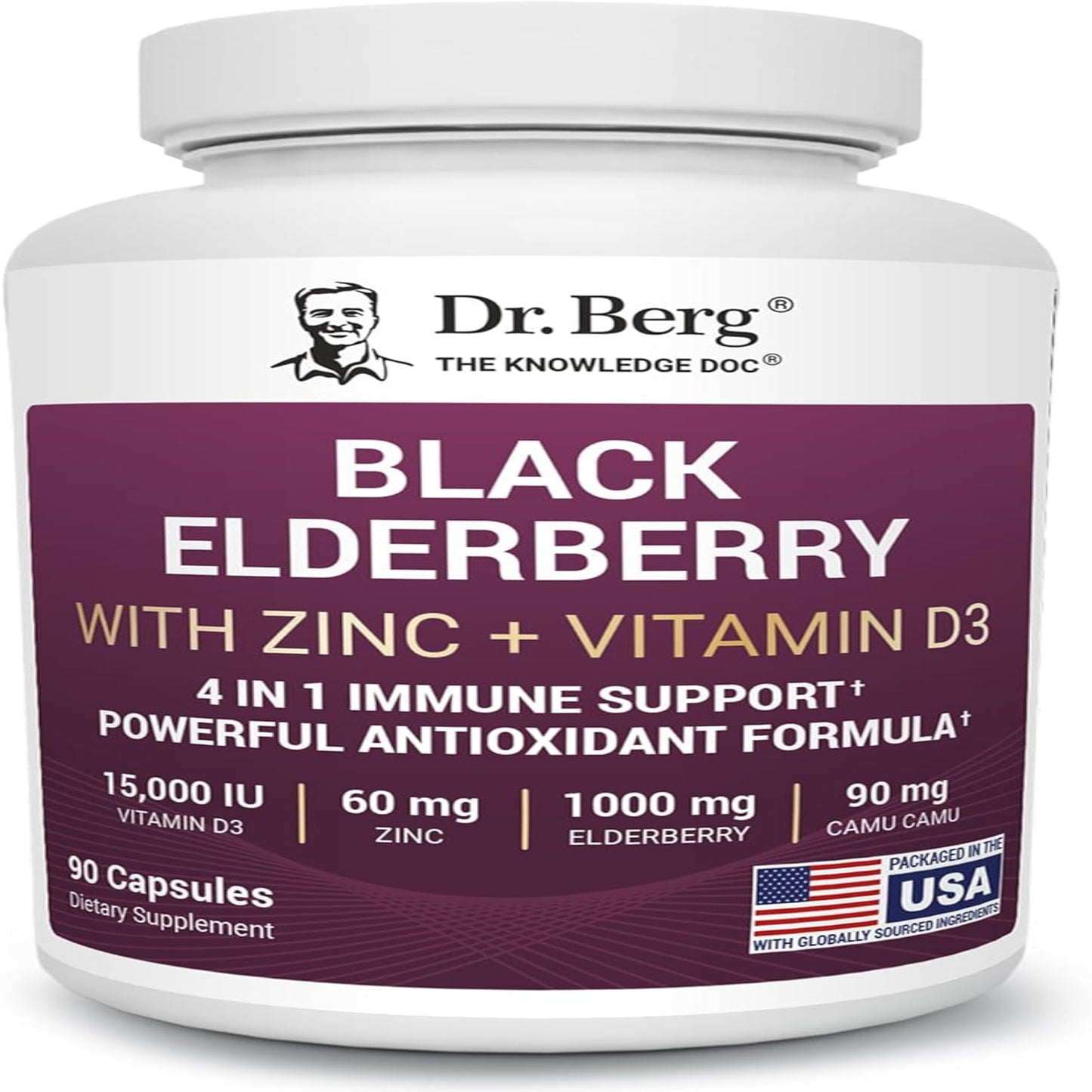 Dr. Berg Black Elderberry Capsules (Advanced Immune Support*) with 15,000 IU Vitamin D, 60 Mg of Zinc, & 90 Mg of Camu Camu - (4-In-1) Sambucus Elderberry Immune Support Supplement - 90 Capsules