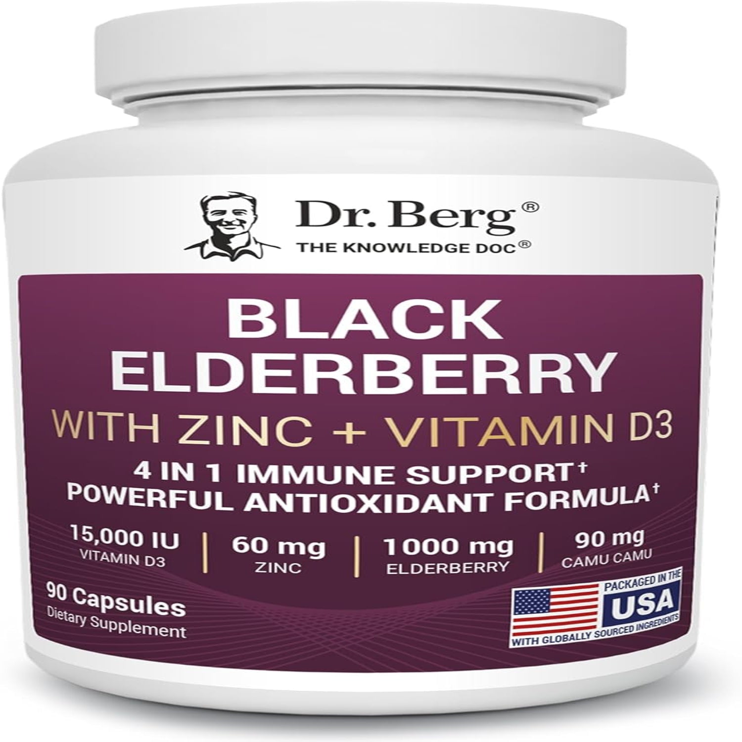 Dr. Berg Black Elderberry Capsules (Advanced Immune Support*) with 15,000 IU Vitamin D, 60 Mg of Zinc, & 90 Mg of Camu Camu - (4-In-1) Sambucus Elderberry Immune Support Supplement - 90 Capsules