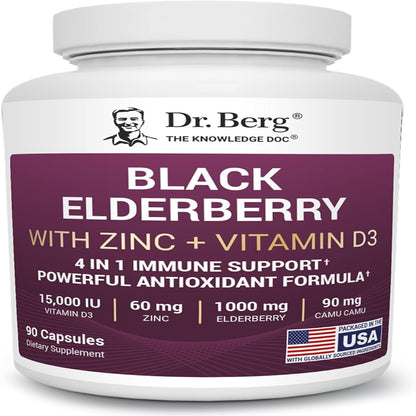 Dr. Berg Black Elderberry Capsules (Advanced Immune Support*) with 15,000 IU Vitamin D, 60 Mg of Zinc, & 90 Mg of Camu Camu - (4-In-1) Sambucus Elderberry Immune Support Supplement - 90 Capsules