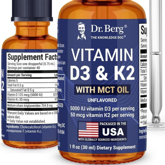 Dr. Berg Maximum Strength Vitamin D3 K2 Liquid Drops with MCT Oil – 5,000 IU Liquid Vitamin D3 with K2 – Supports Strong Bones, Heart, Energy, Immunity, and Overall Vitality* - Unflavored 1 Fl Oz