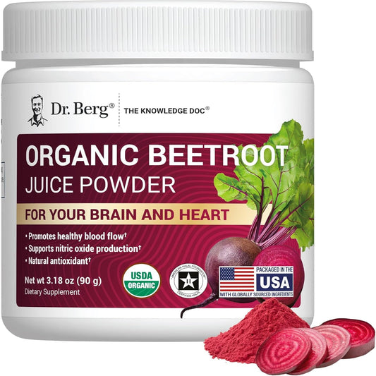 Dr. Berg Raw Organic Beet Powder from Real Earth-Grown Beets – USDA Certified Organic Beet Root Powder to Support Nitric Oxide Levels, Energy, Blood Flow, & Heart Health* – 30 Servings