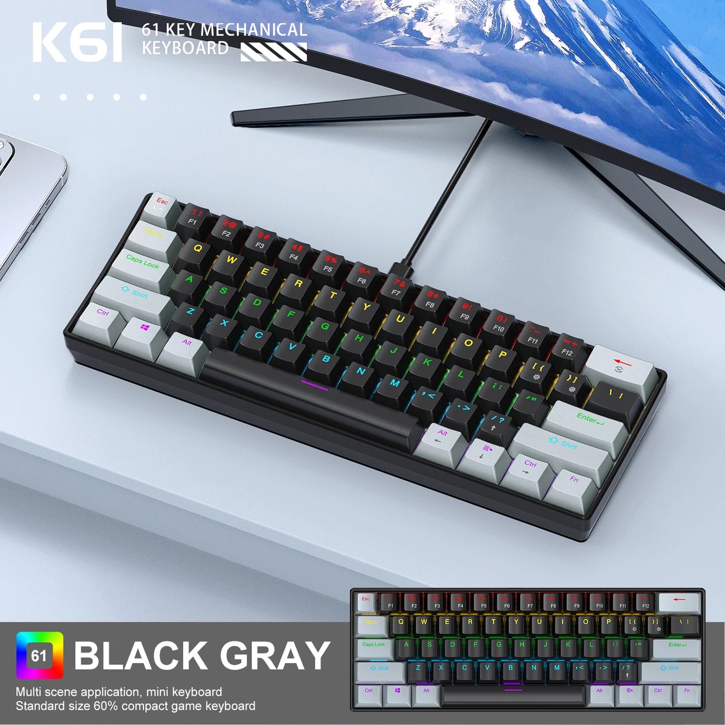 APAYADO K61 60% Mini Gaming Keyboard RGB Wired 61-Key