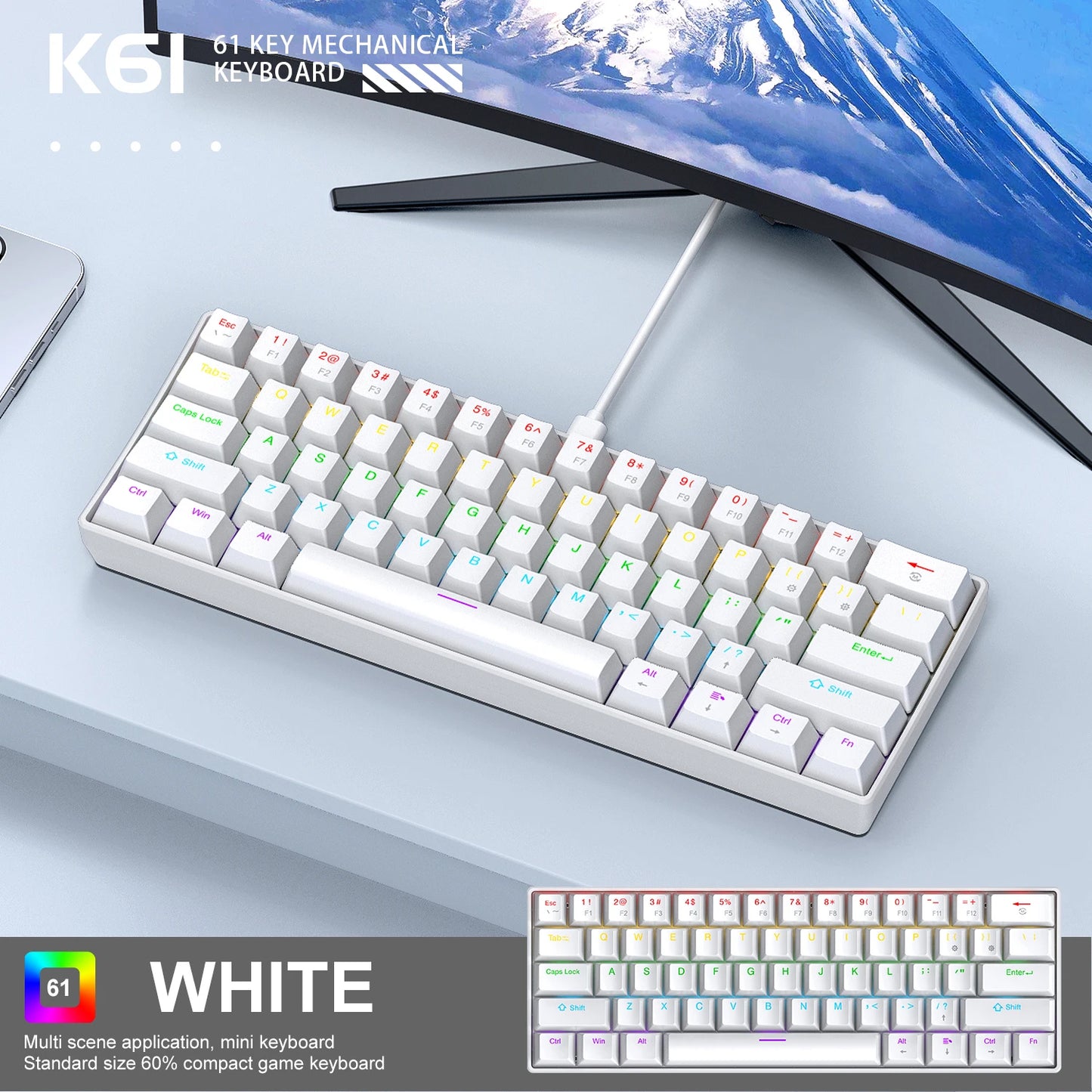 APAYADO K61 60% Mini Gaming Keyboard RGB Wired 61-Key