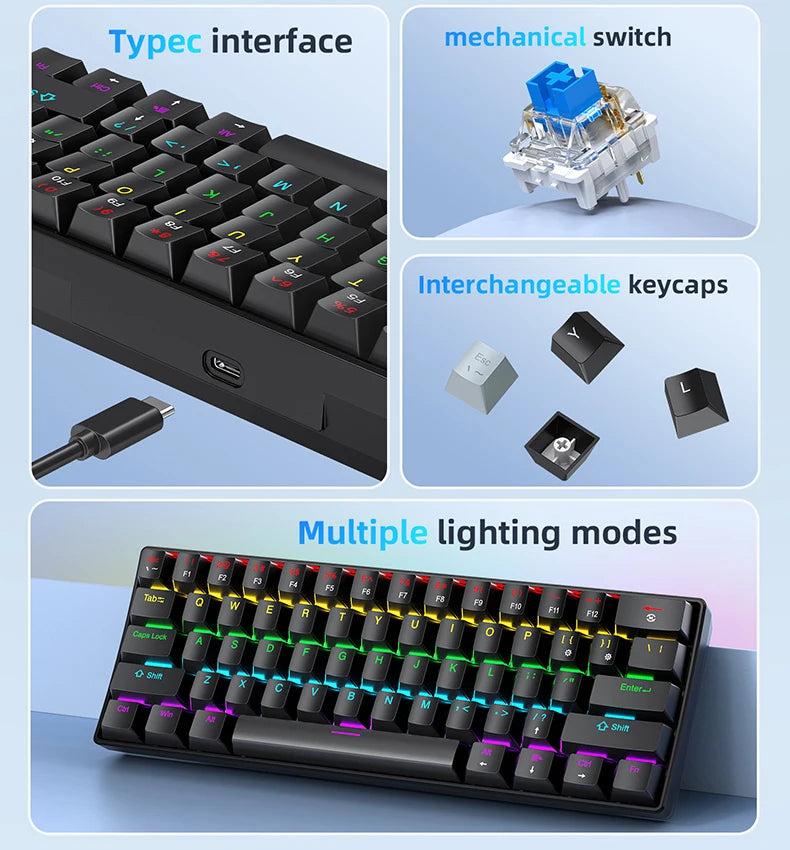 APAYADO K61 60% Mini Gaming Keyboard RGB Wired 61-Key