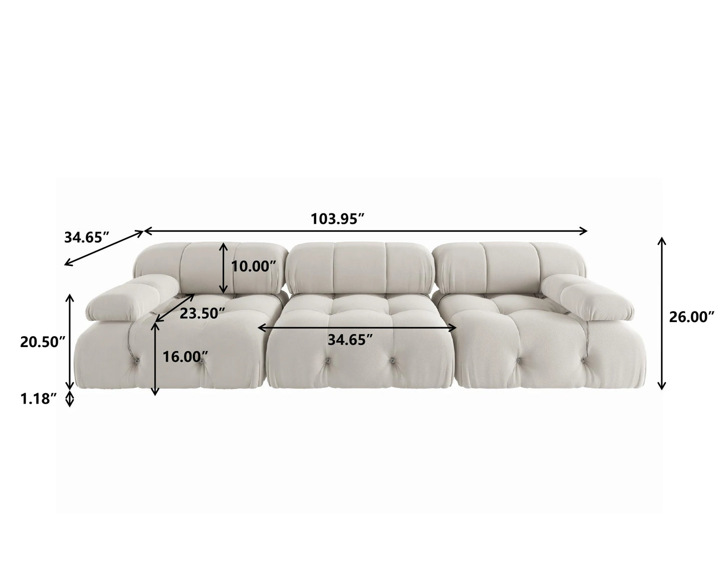 104-Inch Minimalist Modular Velvet Sectional Sofa 3-Seater