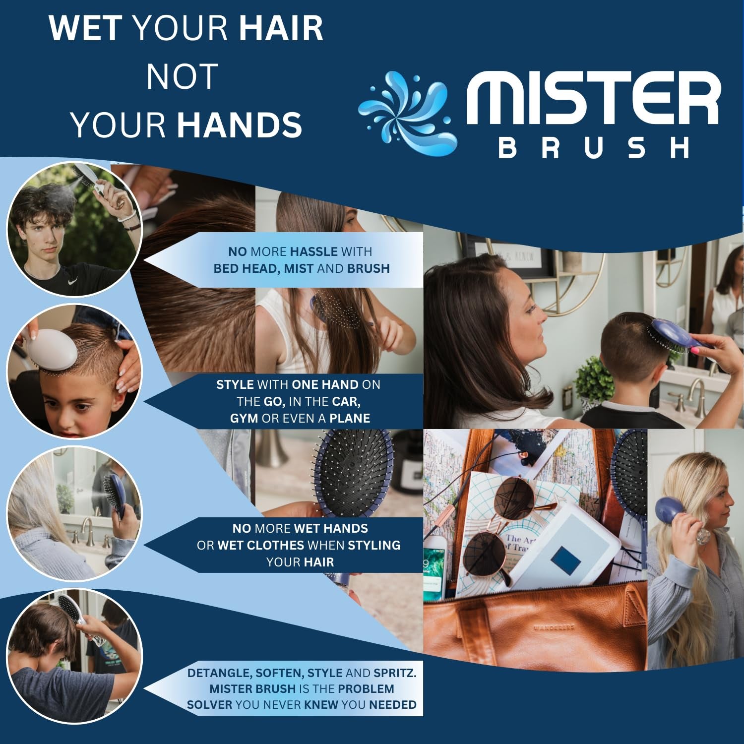 Navy All in One Brush + Mister - 2 in 1 - Detangling Brush - No More Hair Hassle