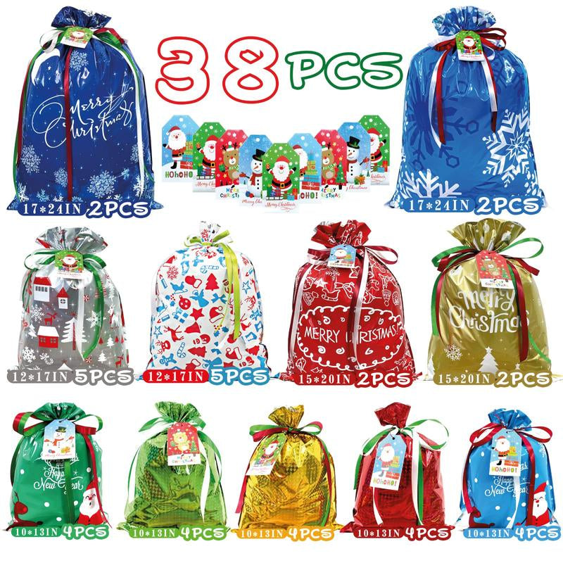 38PC Christmas Gift Bags with Tags & Ribbon Ties, Assorted Sizes for Xmas Holiday Present Wrapping & Festival Party Supplies-Small/Medium/Large