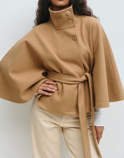 Winter High Neck Batwing Sleeve Coat with Belt for Women