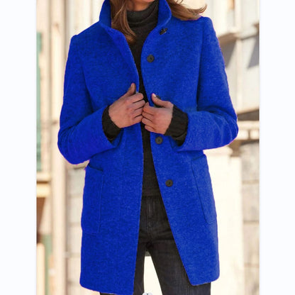 Fashion Stand Collar Woolen Coat With Pockets Fall Winter