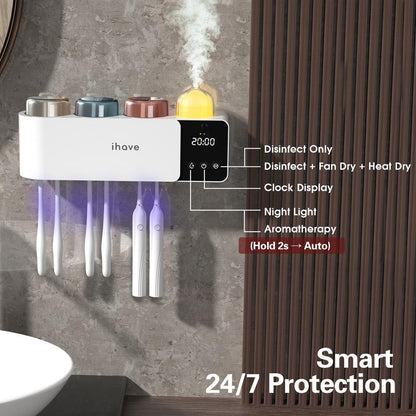 Ihave Toothbrush Holders with UV Toothbrush Sanitizer & Aromatherapy Diffuser - Turbo Air Heated Drying, Night Light & Clock - Wall-Mounted Bathroom Organizer , Stylish Decor & Storage