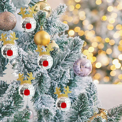 5PCS Silver Disco Mirror Elk Horn Christmas Balls Hanging Ornaments