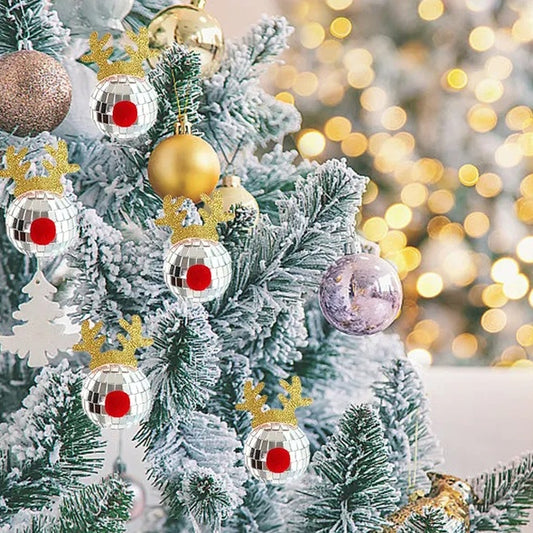 5PCS Silver Disco Mirror Elk Horn Christmas Balls Hanging Ornaments