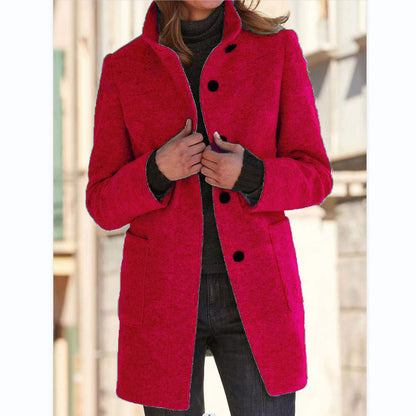 Fashion Stand Collar Woolen Coat With Pockets Fall Winter