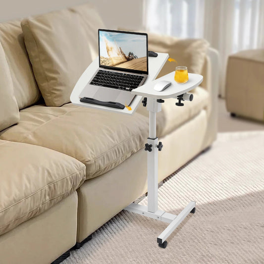 Height Adjustable White Computer Desk Stand with Wheels Adjustable Rolling Laptop Table Suitable for Bedroom, Living Room, Study