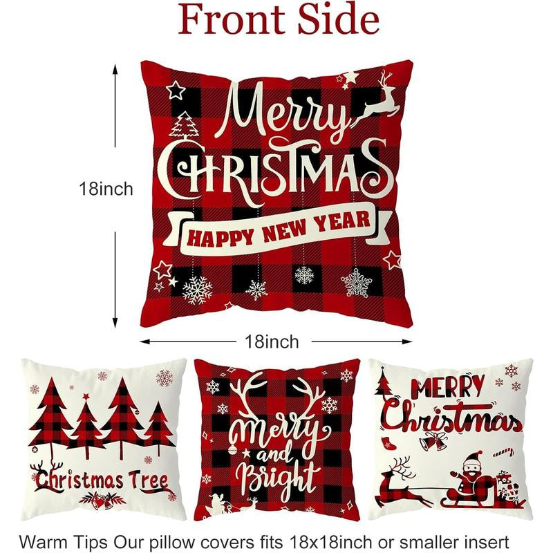 Christmas Themed Pillow Cover, 4 Counts/Set Merry Christmas Letter & Tree & Snowman & Bell Pattern Cushion Cover(Without Pillow Core)