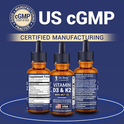 Dr. Berg Maximum Strength Vitamin D3 K2 Liquid Drops with MCT Oil – 5,000 IU Liquid Vitamin D3 with K2 – Supports Strong Bones, Heart, Energy, Immunity, and Overall Vitality* - Unflavored 1 Fl Oz