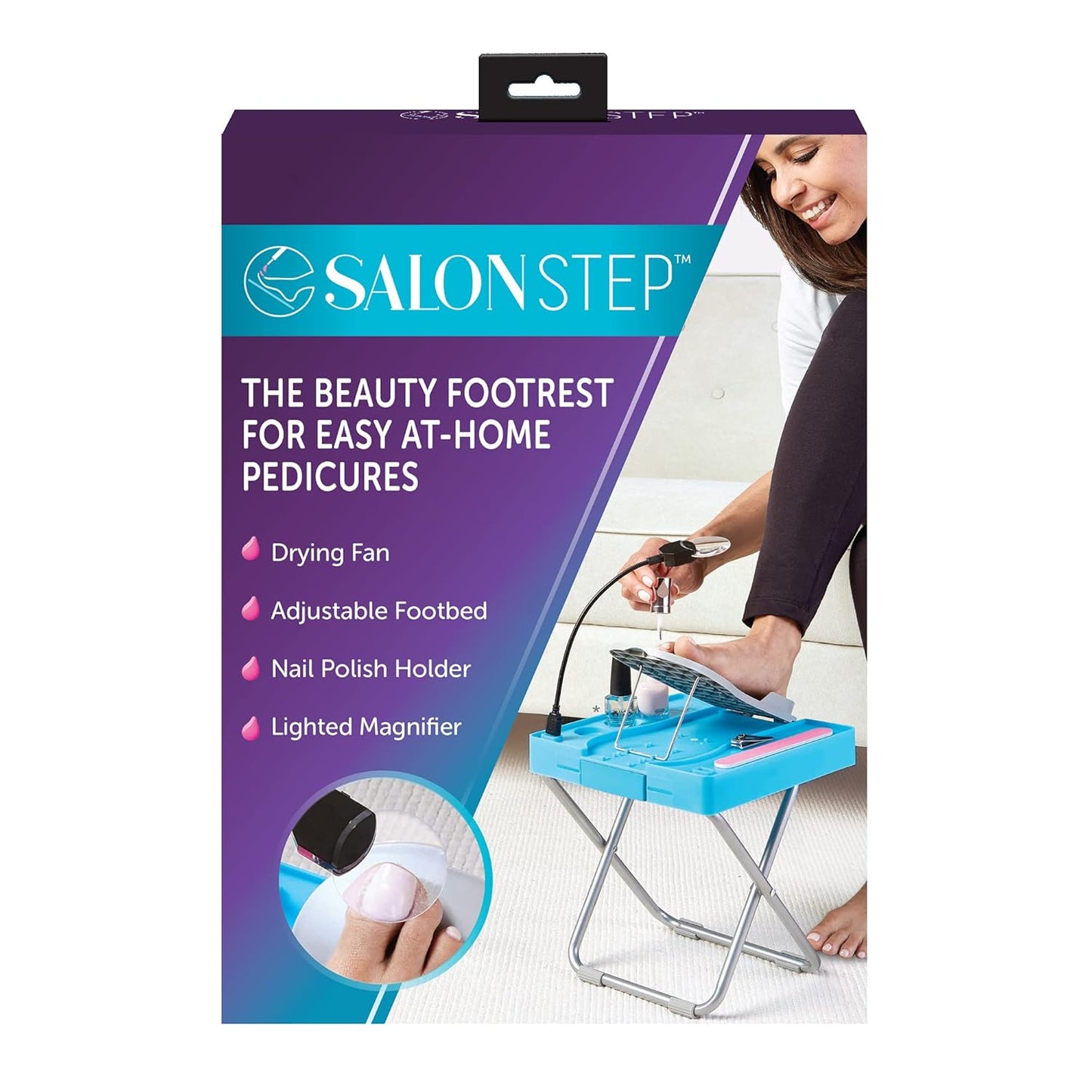 the Beauty Footrest for Easy At-Home Pedicures, Treat Your Feet, No More Bending or Stretching with LED Magnifier, Drying Fan, Adjustable Foot Rest, Non-Slip Sturdy Legs & Built-In Storage