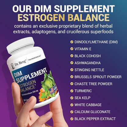 Dr. Berg DIM Supplement Estrogen Balance - Original Estrogen Supplement for Women with Diindolylmethane for Menstrual Symptoms & Menopause Relief & Black Pepper for Enhanced Absorption - 60 Capsules