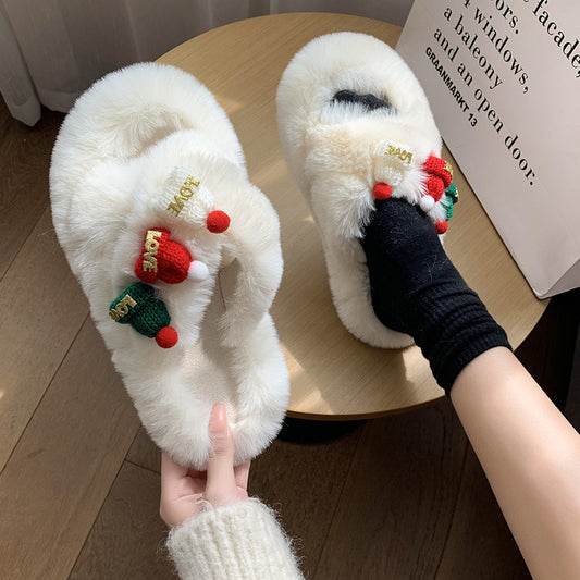 Christmas Hat Fluffy Warm Cotton Slippers for Women