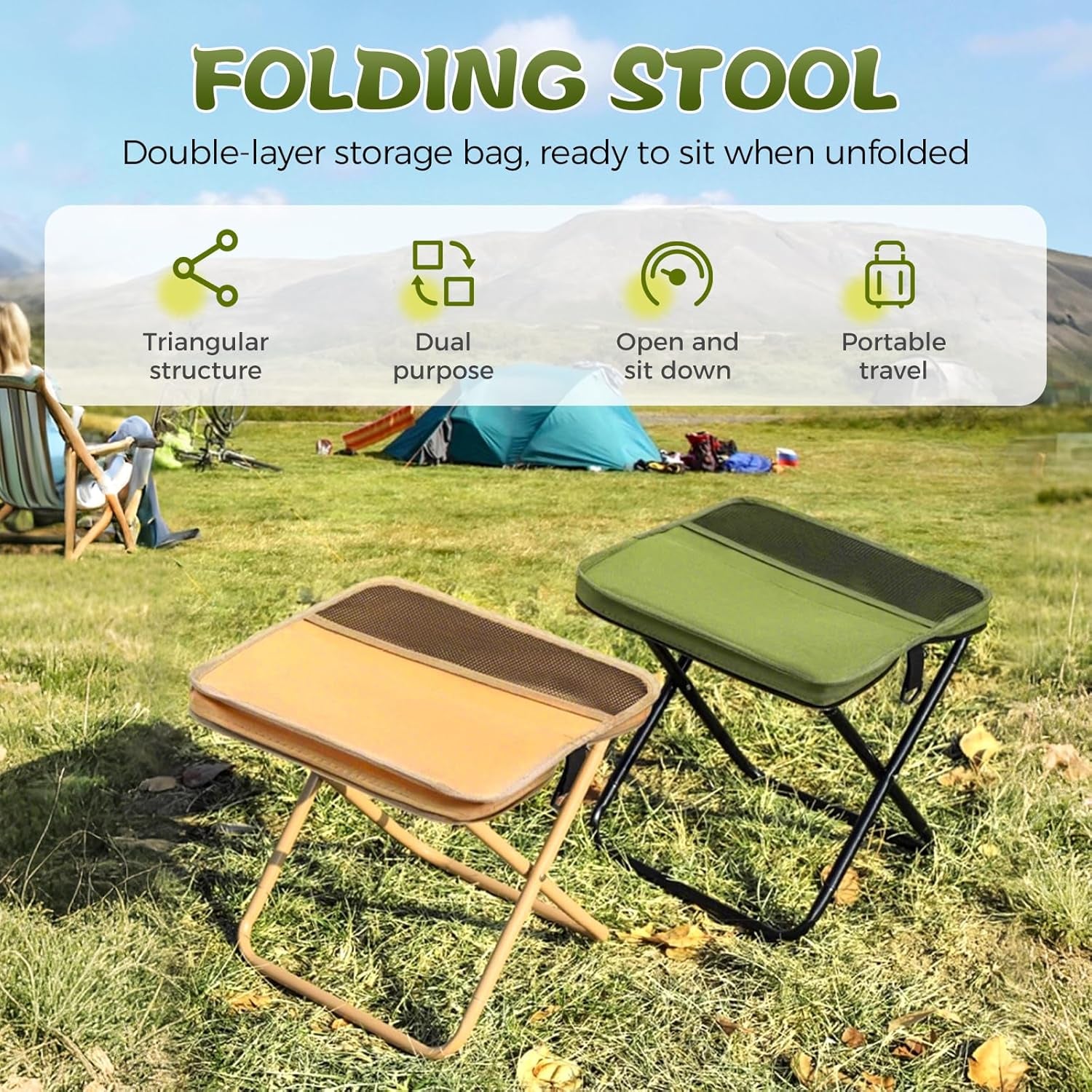 2025 New Portable Stool for Mountaineering and Hiking, Lightweight Foldable Stool with Carrying Bag, Outdoor Footstool for Picnic Hiking Fishing (#Khaki, Large)