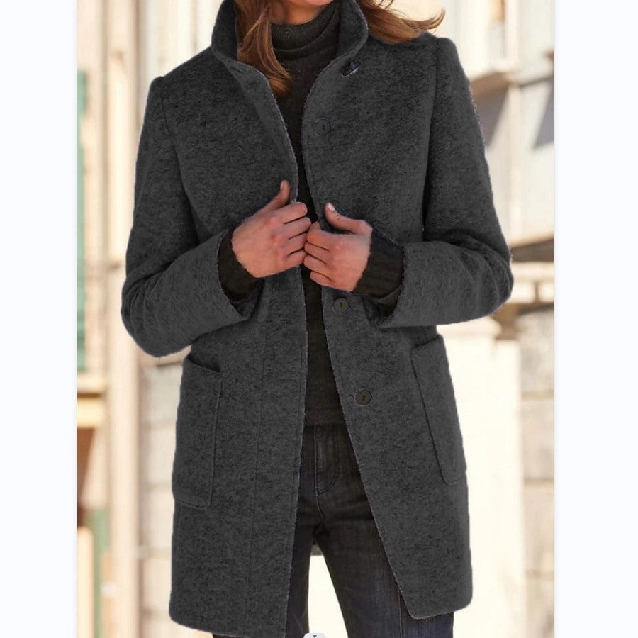 Fashion Stand Collar Woolen Coat With Pockets Fall Winter