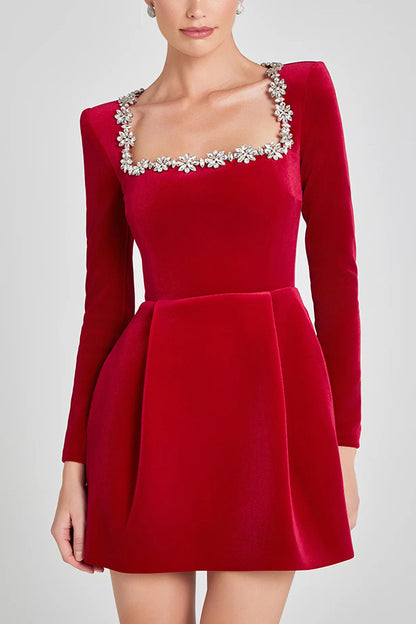 Elegant Rhinestone Floral A-Line Long Sleeve Dress