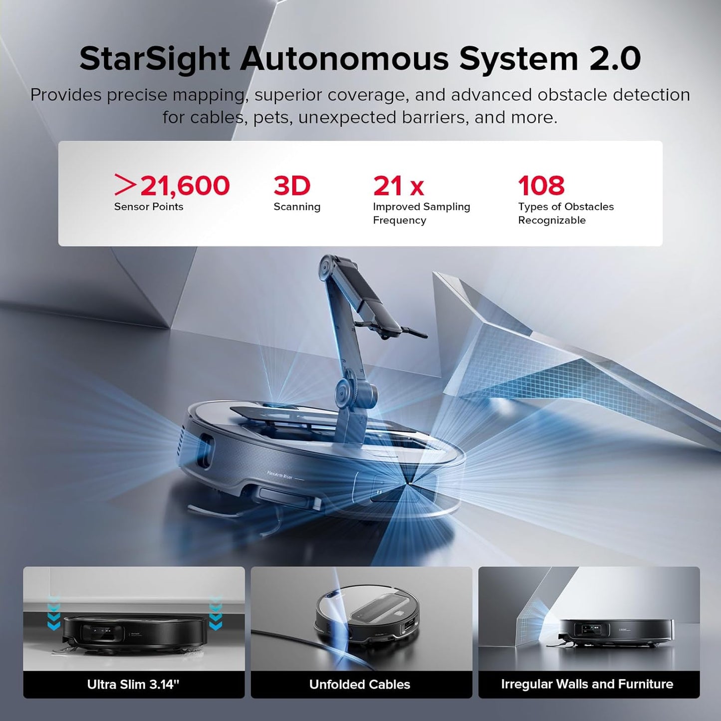 Saros Z70 Robot Vacuum and Mop, Omnigrip Arm, Ai-Powered, 22,000Pa Suction, 3.14’’ Ultra Slim, Flexiarm Riser Technology, Adaptilift Chassis, Obstacle Avoidance, Auto Mop Washing & Drying