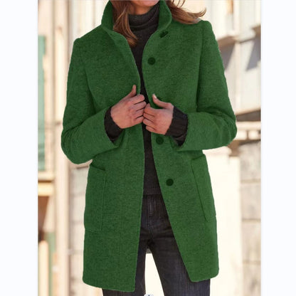 Fashion Stand Collar Woolen Coat With Pockets Fall Winter