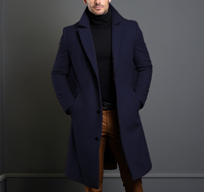 Men’s Mid-Length Trench Coat – Fall & Winter Slim Single-Breasted Jacket