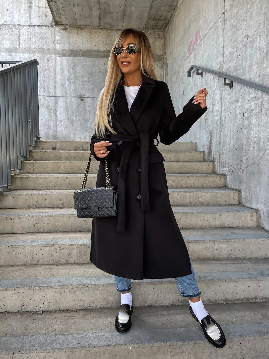 Double-Breasted Lapel Split Jacket with Belt – Women’s Winter Casual Coat