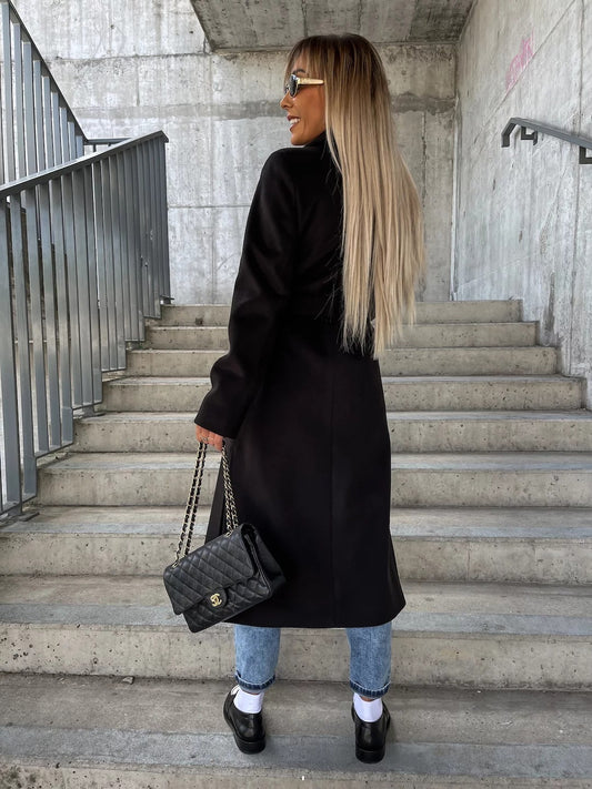 Double-Breasted Lapel Split Jacket with Belt – Women’s Winter Casual Coat