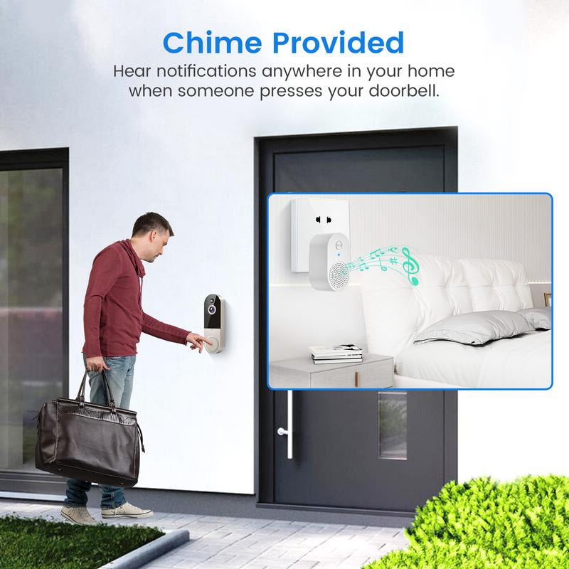 1080P Video Doorbell Camera Wireless with Chime, Smart AI Human Detection, 2-Way Audio, FHD Live View, 2.4G Wifi Only, Night Vision, Cloud Storage, Battery Powered, Wire-Free, Indoor Outdoor Surveillance Cam for Home Security System