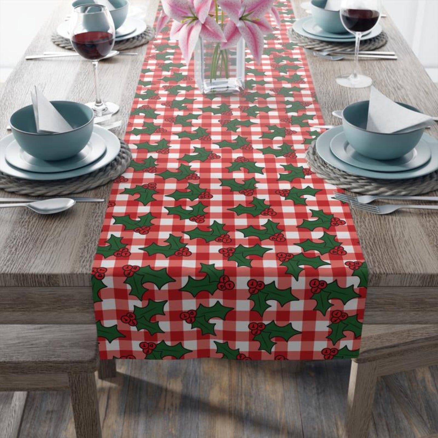 16x72 inch Subtle FDT Christmas Holly Table Runner with festive design