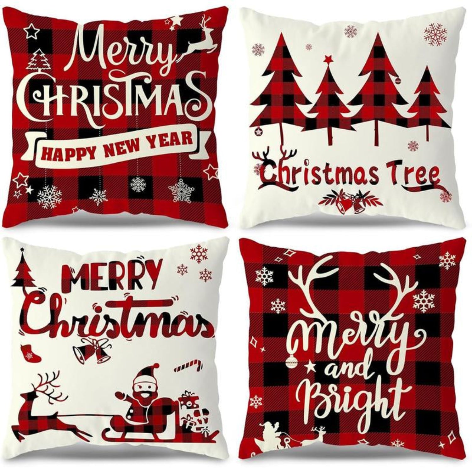 Set of 4 red and black buffalo check Christmas pillow covers for holiday decor.
