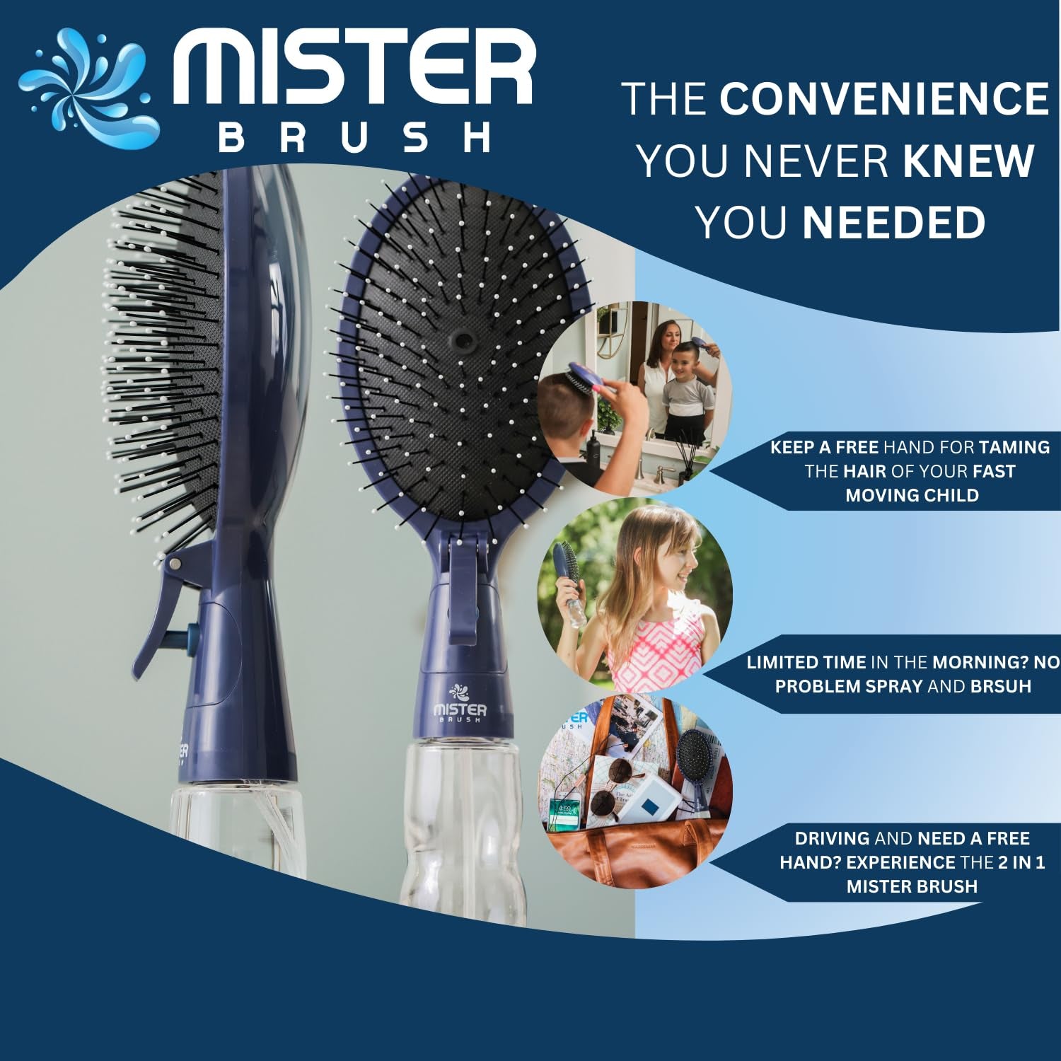 Navy All in One Brush + Mister - 2 in 1 - Detangling Brush - No More Hair Hassle