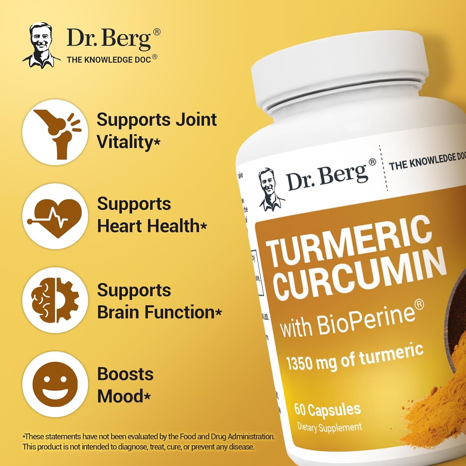 Dr. Berg (Only 2 per Day) Turmeric Supplement with Black Pepper (Bioperine) - 1350 Mg Turmeric Curcumin Supplement with 95% Curcuminoids – Turmeric Curcumin with Black Pepper – 60 Turmeric Capsules